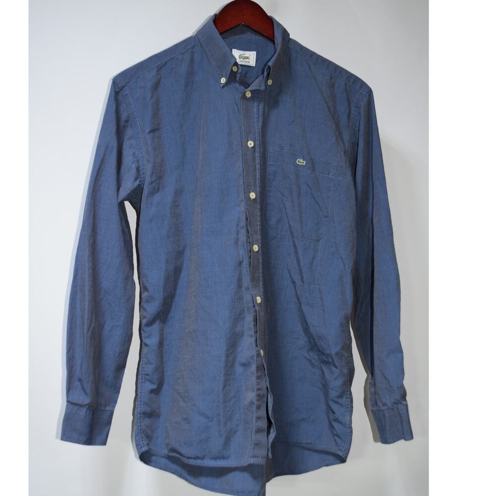Lacoste Button Down Shirt Mens 38 Small Blue Cotton Oxford Long Sleeve Shirt